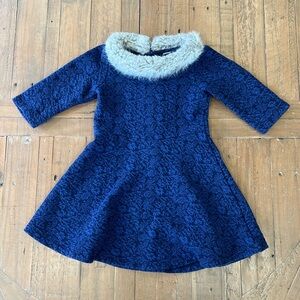 Janie and jack navy jacquard faux fur collar winter dress